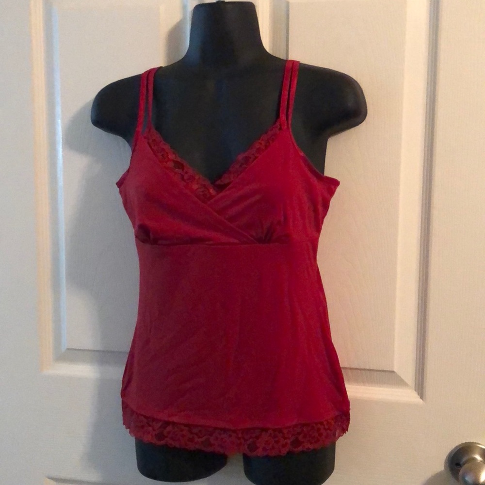 Red lace trimmed camisole with adjustable straps